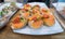 Canapes with salmon and tomato cherries for sale