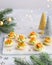 Canapes with smoked salmon, cream cheese and avocado on light background with space for text. Christmas and new year holidays