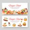 Canapes, tapas on plate, appetizer, finger food with caviar, olives and green vegetables cartoon banners set vector