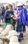 Canar, Ecuador - July 12, 2015 - Sheep are tied into circles at the animal market for sale