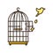 Canary bird escaping from birdcage isolated vector illustration