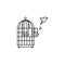 Canary bird escaping from birdcage vector line icon