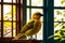 A canary-colored bird perches gracefully on the windowsill.
