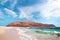 Canary islands, Spain, travel landscape. Northern side of Lanzarote from romantic sandy beach of Graciosa island under blue sky