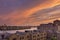 Canary wharf riverside sunset cloudscape view, London city.