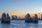 Canary wharf and Thames Barrier at dusk, London UK