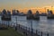 Canary wharf and Thames Barrier at dusk, London UK