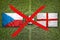 Canceled soccer game, Czech Republic vs. England flags on soccer field