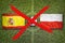 Canceled soccer game, Spain vs. Poland flags on soccer field