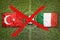 Canceled soccer game, Turkey vs. Italy flags on soccer field