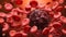 Cancer cell amidst red blood cells 3D rendering illustration. Oncology, cancerology, metastasis, medicine, microbiology, science,