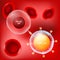 Cancer cell, CAR t-cell and red blood cells on red background