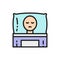 Cancer patient in bed, oncology flat color line icon.