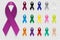 Cancer Ribbon. Vector realistic 3d awareness ribbon different color set closeup isolated on transparency grid background