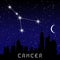 Cancer zodiac constellations sign on beautiful starry sky with galaxy and space behind. Cancer horoscope symbol constellation on d