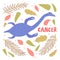 Cancer zodiac sign dinosaur cartoon character vector illustration.
