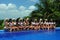 CANCUN, MEXICO - MAY 05: Models pose by the edge of pool for white t-shirt project