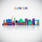 Cancun skyline silhouette in colorful geometric style.
