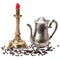 Candelabra, candle, coffee pot