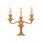 Candelabrum with three burning candles with melting wax, vintage bronze candlestick vector Illustration