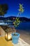 The candels light and olive tree on the table near the sea