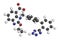 Candesartan hypertension drug molecule. 3D rendering. Atoms are represented as spheres with conventional color coding: hydrogen (