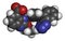 Candesartan hypertension drug molecule. 3D rendering. Atoms are represented as spheres with conventional color coding: hydrogen (