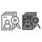 Candidate search line and solid icon. Applicant forms stack and loupe outline style pictogram on white background