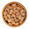 Candied almonds, nuts coated in crunchy sugar, in wooden bowl
