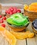 Candied pomelo and fruit in bowl on board