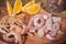 Candied tropic fruits on wooden table