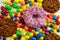 candies, cookies and donuts top view, unhealthy lifestyle and diet concept