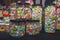 Candies in glass jars in candy shop