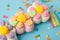 Candies with jelly and sugar pattern. colorful array of different childs sweets and treats. Bright party background