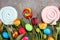 Candies with jelly and sugar with tulips and easter eggs