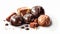 Candies from various types of chocolate, chocolate pieces, truffle lie in a heap, white background. Sweet chocolate