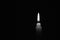 Candle burning in the black background. Black and white photo. Located on the right side of the shot