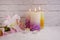 Candle burning, flower  celebration beautiful  pastel  lily concept  background composition