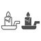 Candle on a candlestick line and solid icon. Burning fire and wax stick on plate. Halloween party vector design concept