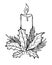 Candle. Christmas burning, wax candle decorated with evergreens - spruce, holly. Fragrant festive, traditional candle.