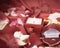 Candle and a diamond ring on a background of rose petals