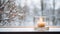 Candle in elegant glass candleholder on a windowsill, with winter landscape seen through the window. Generative AI