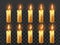 Candle fire animation. Burning orange wax candles, candlelight flame and animated fire flames isolated realistic vector