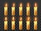 Candle fire animation. Burning orange wax candles, candlelight flame and animated fire flames isolated realistic vector symbol