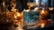 Candle flame illuminates table, bottle, decoration, creating cozy ambiance generated by AI