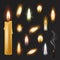 Candle flame vector fired flaming candlelight and flammable fire light illustration fiery flamy realistic set bright