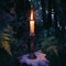 Candle flickers amidst mystical forest, evoking occult enchantment