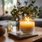 Candle glass jar with burning candle. Home decor and accent pieces. Interior design of modern living room