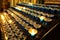 Candle glasses lined up on a candle holder at Church