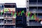 Candle graph growth chart of financial business with indicator line and economic stock market with warehouse building background